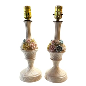 Vintage Porcelain Bedside Table Lamps 3D Rose Buds Tested