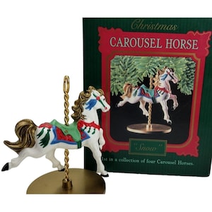 Vintage 1989 Hallmark Christmas Carousel Horse &quot;Snow&quot; Ornament Multi