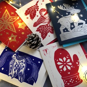 Lot de 5 cartes de voeux de Noël imprimées en linogravure, renne, mitaine, étoiles, mésange, houx, colombe, 5 x 7 po, cartes de correspondance de Noël vierges