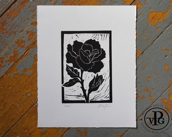 Rose Original Linocut Print, Garden Linoprint, Floral Themed Block Print, Handmade Artwork, Botanical Lino Art