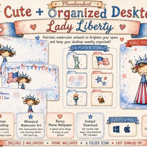 May include: A digital desktop organization set featuring watercolor illustrations of Lady Liberty, American flags, fireworks, and eagles in red, white, and blue. Includes three desktop wallpapers, six folder icons, and a bonus phone wallpaper.