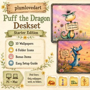 May include: A digital deskset titled Puff the Dragon Deskset Starter Edition by plumlovedart. It includes 10 wallpapers, 6 folder icons, bonus items, and a setup guide. The graphics feature blue dragons in sunset landscapes with text signs.