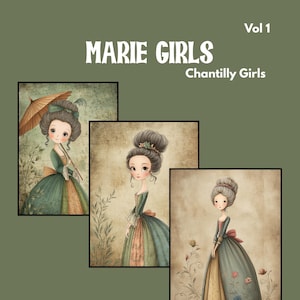May include: Three framed illustrations of Marie Girls in vintage dresses. The artwork features a green, blue, and peach color palette. The text "MARIE GIRLS" and "Chantilly Girls" is displayed at the top. The artwork is by Plum Loved Art.