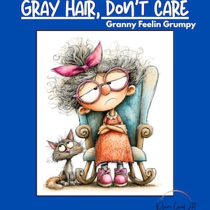 May include: A digital illustration featuring a grumpy-looking character with messy gray hair, a pink bow, and pink glasses, sitting in a blue rocking chair. Beside the chair sits a small, wide-eyed cat. Text reads: GRAY HAIR, DON'T CARE V1.