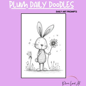 May include: A lilac-colored art print titled "April Plum Daily Doodles 2026." The print features a black and white illustration of a bunny holding a flower. The text "Daily Art Prompts" is also included.