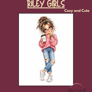 May include: A digital illustration of a character with a messy bun, leopard print headband, and round glasses, wearing a pink knit sweater and distressed blue jeans. The character holds a white cup with a heart icon. Text reads RILEY GIRLS V1.