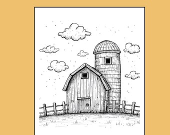 Farm Landscapes Line Art, Buildings, Trucks (PDF & PNG Digital Images)