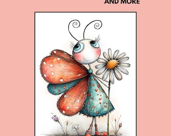 Könnte beinhalten: Eine skurrile Illustration mit einer Cartoon-Schmetterlingsfigur, die eine Gänseblümchen hält. Der Schmetterling hat orangefarbene und türkisfarbene Flügel, ein türkisfarbenes Kleid mit roten Herzen und gestreifte Socken. Der Text "WHIMSY WINGS AND MORE" steht oben.