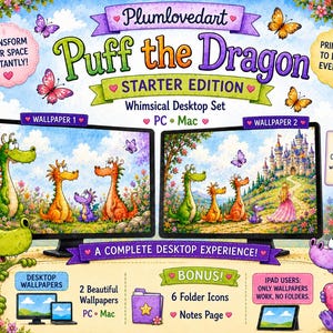 May include: A digital desktop set titled Plumlovedart Puff the Dragon Starter Edition featuring two computer monitors displaying colourful dragon illustrations, six folder icons, a notes page, and text including Transform your space instantly.