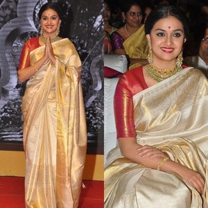 Pure Kanchipuram Silk Saree in Cream White with Zari Border -  Celebrity Keerthy Suresh Collection | Silk Mark Certified | Kaanchy Sarees
