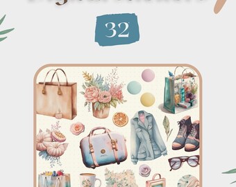 May include: A set of 32 digital stickers featuring watercolor illustrations of various items, including flowers, bags, a suitcase, a cup, a jar, a dress, and glasses. The stickers are precropped for Goodnotes and individual PNG files.