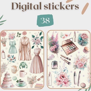 May include: A set of 38 digital stickers featuring illustrations of flowers, dresses, makeup, and other feminine items. The stickers are in a pastel color palette and have a vintage aesthetic.