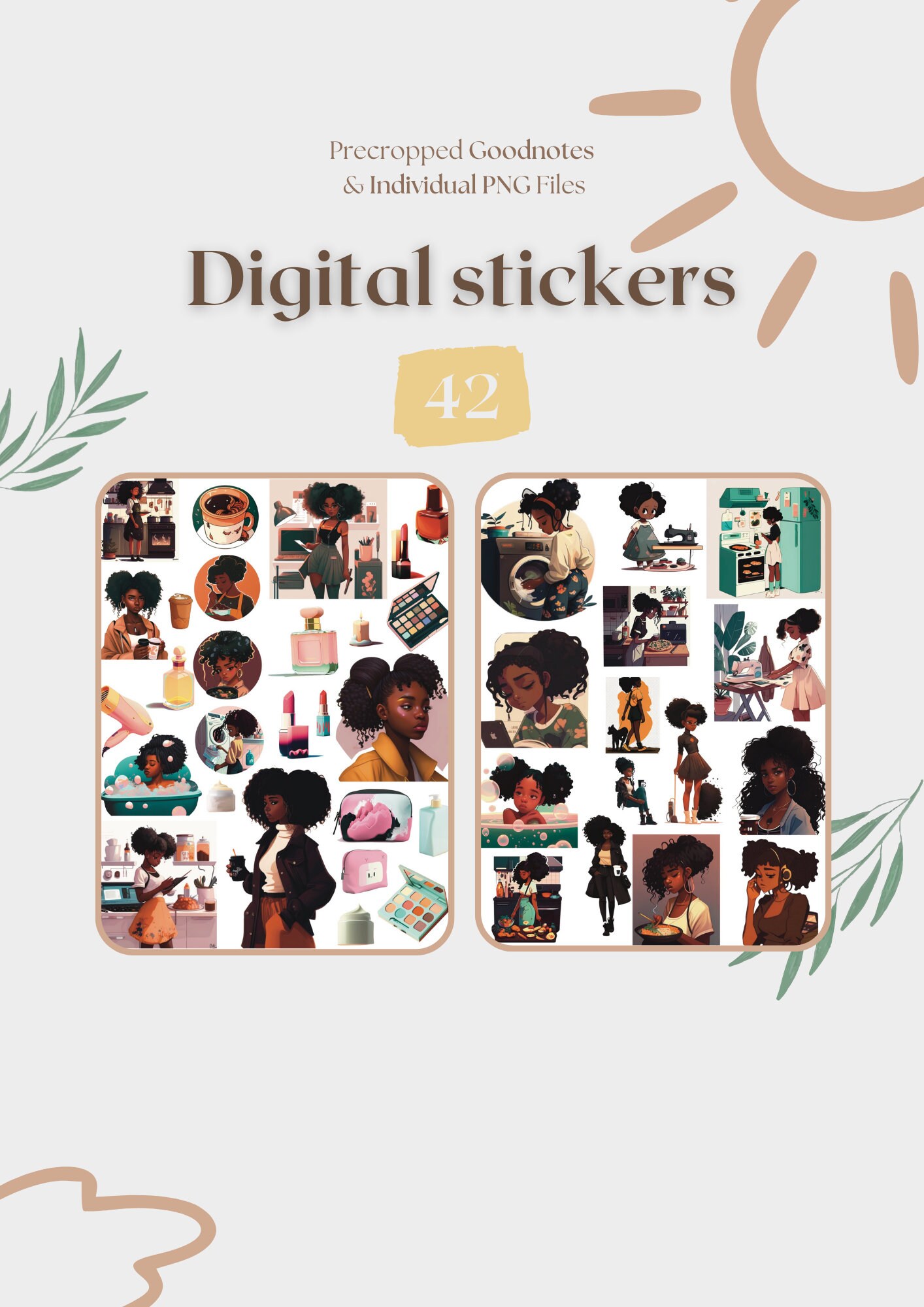 Black Girl Digital Stickers: Goodnotes Planner Stickers (precropped PNG ...
