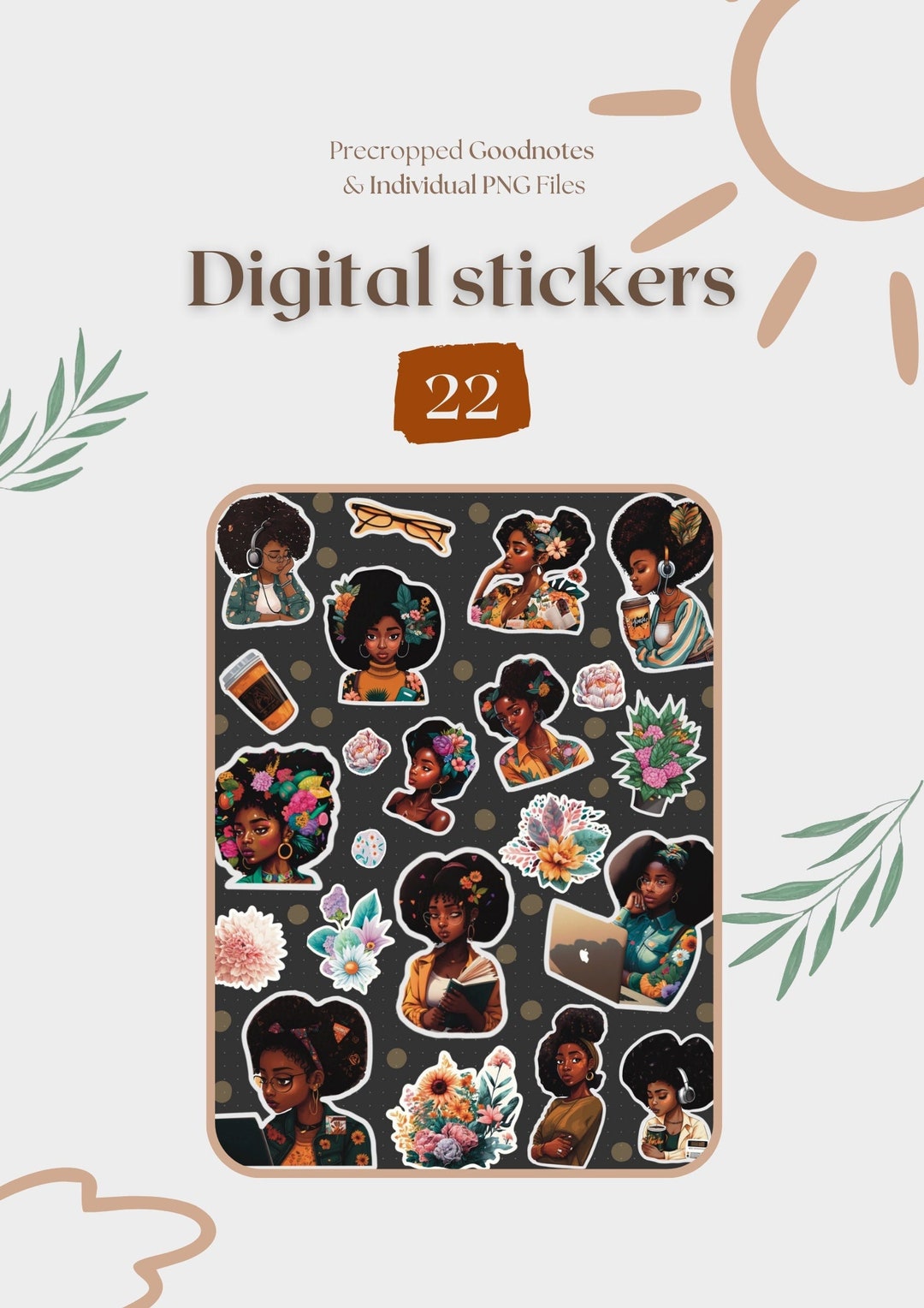 Black Girl Digital Stickers: Goodnotes Planner Stickers (PNG) - Etsy