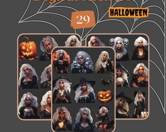 Digital Stickers Black Woman Halloween Stickers Gothic Planner Halloween stickers Fall aesthetic Digital Download Stickers PDF
