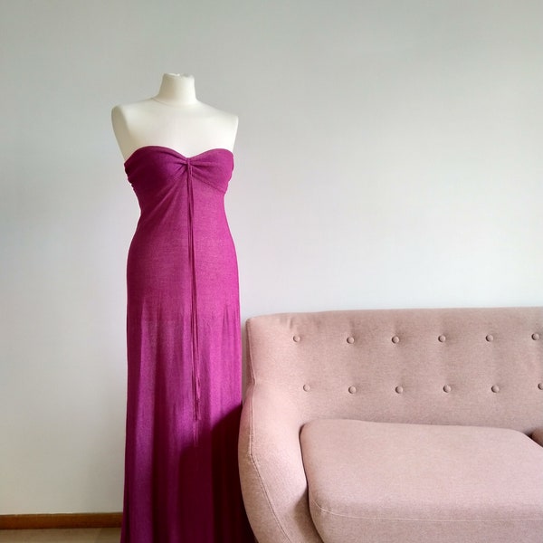 Long 70s dress, strapless, fuchsia color - Elegant 70s dress, fuchsia color - 70s long fuchsia dress - Vintage long dress