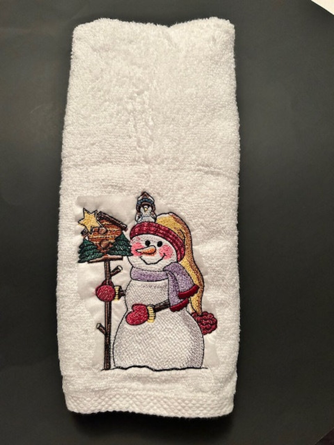 Christmas Hand Towel, Embroidered Hand Towel, Snowman Hand Towel