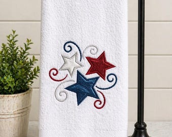 Patriotic Hand Towel Red White Blue Stars, 4th of July Decor, Americana Farmhouse Bathroom Kitchen Towel, Embroidered Velour Patriotic