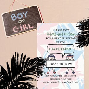 Gender Reveal Editable Invitation Template Palm Trees,Template Invitation for Gender Reveal Summer Party, Summer Themed Gender Reveal Invite