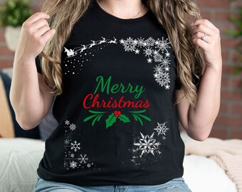 May include: Black t-shirt with a white snowflake design and the text "Merry Christmas" in red and green.
