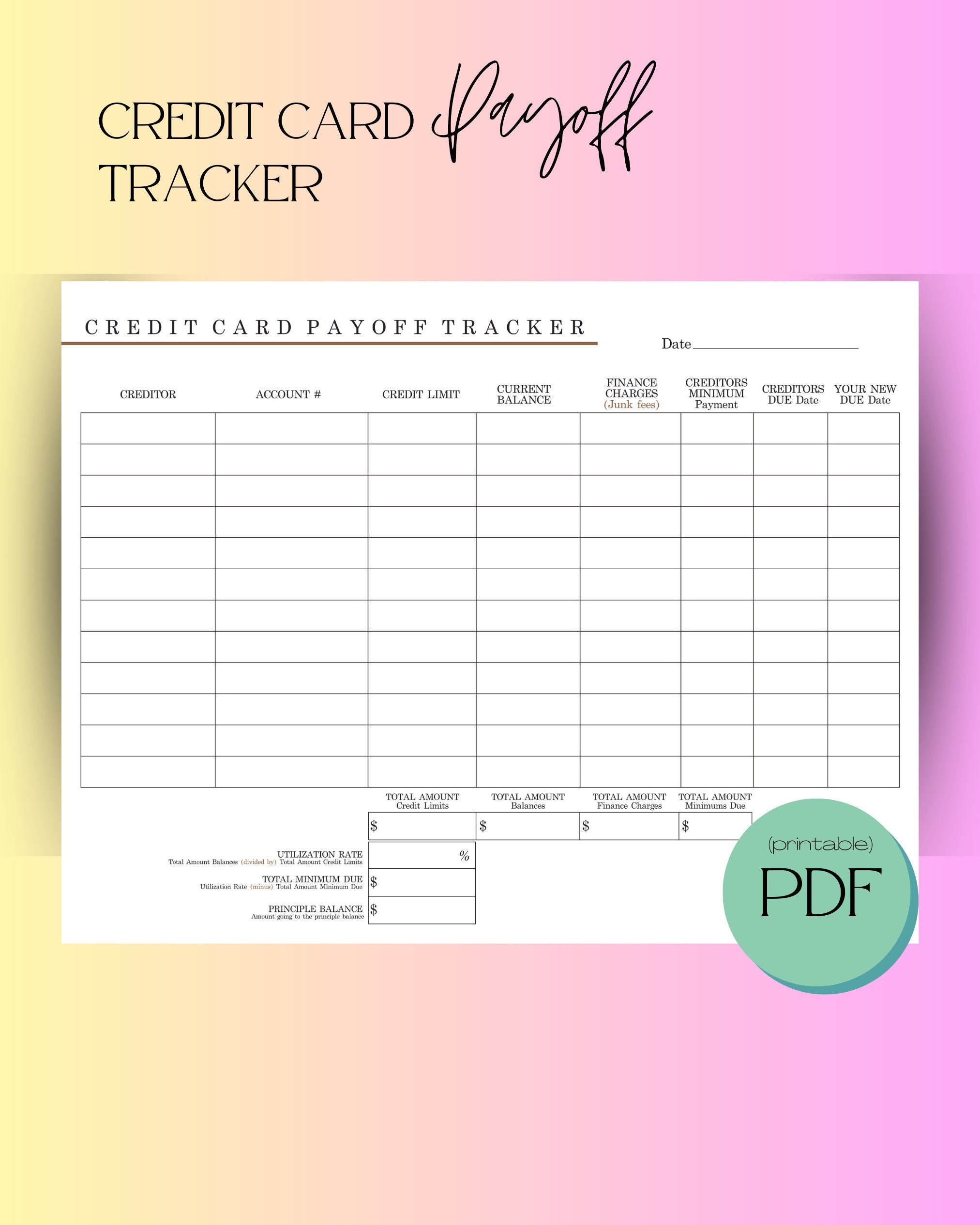 Credit Card Payoff PDF - Printable Debt Snowball Spreadsheet - Financial Planner - Instant Download