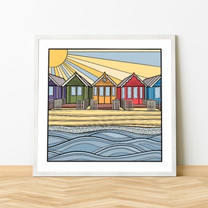 Cabañas de playa en una fila Lámina / Póster impreso en papel mate grueso de calidad. Impresión de pared de paisaje / Cartel de la playa / Arte náutico