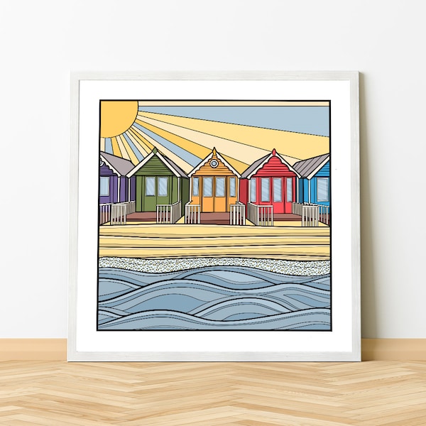 Beach Huts in a Row Art Print / Poster printed on quality thick matte paper.  Landscape Wall Print / Seaside Poster/ Nautical Art