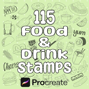 Food and Drink Procreate Stamps Set / Digital download / 115 procreate brush stamps / food, drinks, and kitchen items