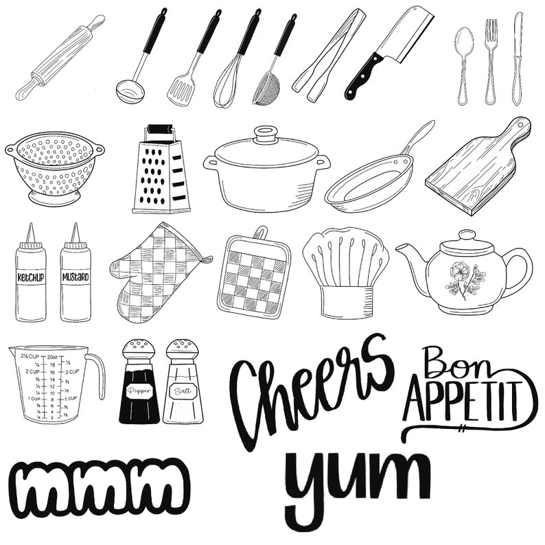 May include: Black and white line drawings of kitchen utensils, cookware, and food-related items.  The items include a rolling pin, a ladle, a spatula, a whisk, a strainer, a grater, a pot, a frying pan, a cutting board, a teapot, a chef's hat, measuring cups, salt and pepper shakers, and the words "Cheers", "Yum", "Mmm", and "Bon Appetit".
