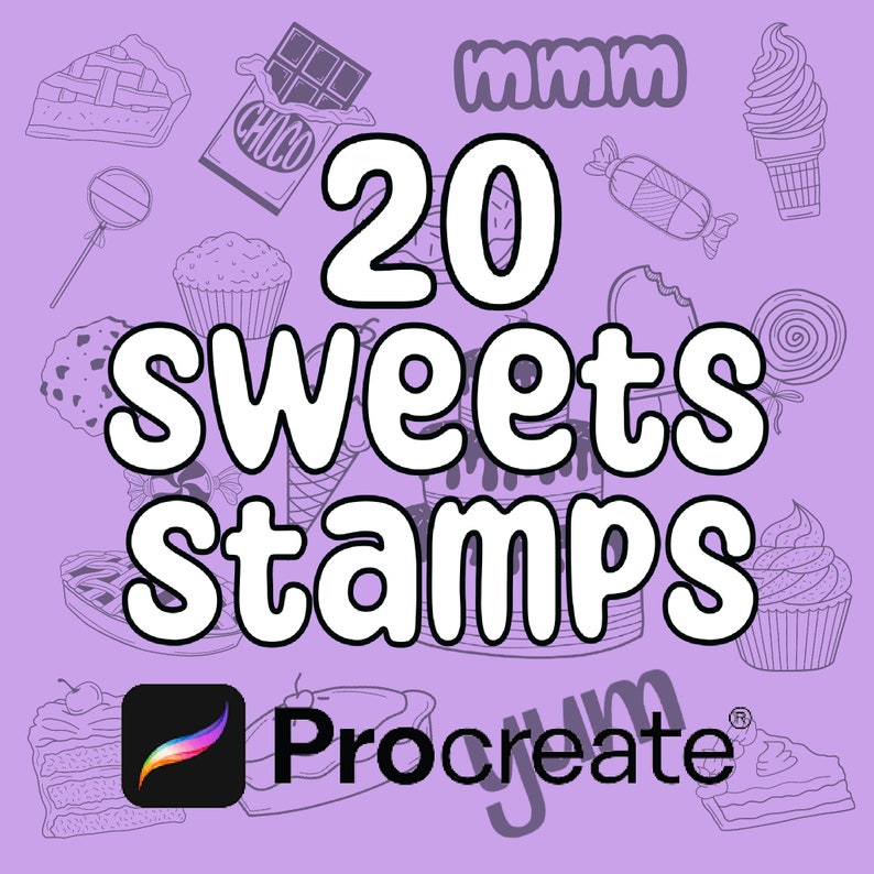 Puede incluir: Fondo lila con el texto blanco "20 Sweets Stamps", rodeado de dibujos de postres como pasteles, chocolate y helado. El logotipo de Procreate est&aacute; en la esquina inferior izquierda.