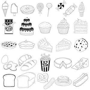 May include: A black and white line drawing illustration of various food and drink items, including ice cream, cake, pie, bread, popcorn, pretzels, and hot dogs.