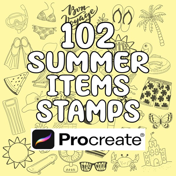 Summer Items Procreate Stamps Set / Digital download / 102 procreate brush stamps / summer activities