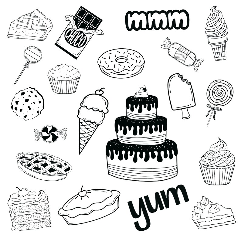 Puede incluir: Ilustraci&oacute;n en blanco y negro de varios postres. Incluye una tarta de tres pisos, un cono de helado, una piruleta, una tarta, una tableta de chocolate, un donut, una magdalena, una galleta y caramelos. Tambi&eacute;n est&aacute; presente la palabra "yum".