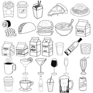 May include: Black and white line drawings of various food and drink items, including pizza, sushi, tacos, burgers, milk, juice, coffee, tea, beer, and soda.