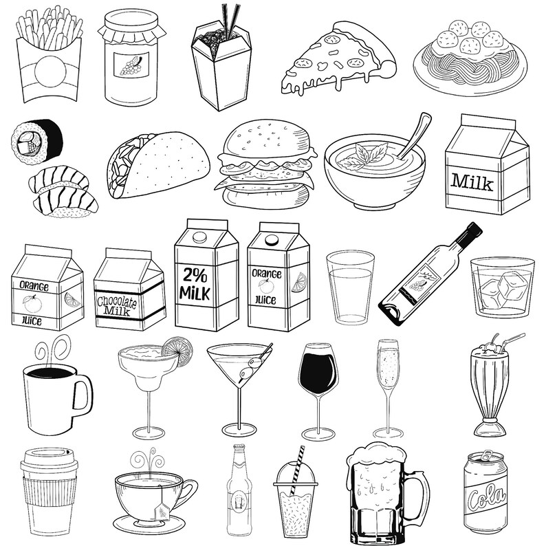 May include: Black and white line drawings of various food and drink items, including pizza, sushi, tacos, burgers, milk, juice, coffee, tea, beer, and soda.