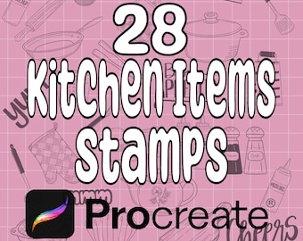 Set di timbri Procreate di Kitchen Items: 28 scarabocchi con pennello (download digitale)