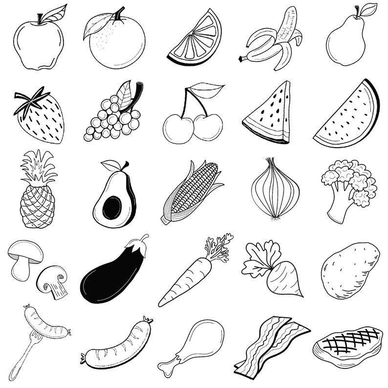 May include: A black and white line drawing of various fruits, vegetables, and other food items. The image includes an apple, pear, banana, grapes, cherries, watermelon, avocado, pineapple, corn, onion, broccoli, eggplant, carrot, potato, sausage, bacon, chicken leg, and steak.