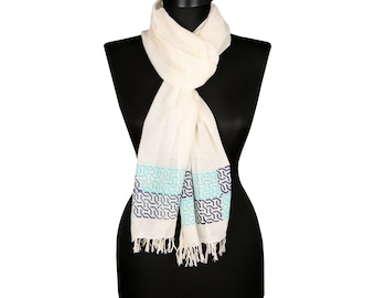 Lightweight Handwoven Long Scarf Shawl Foulard Gift 100%Cotton with Blue and Turquoise Pattern