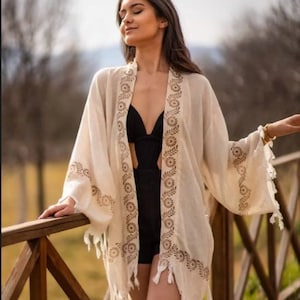 Abito kimono in lino turco, accappatoio per donna, vestaglia estiva, abbigliamento da casa, copricostume immagine 10