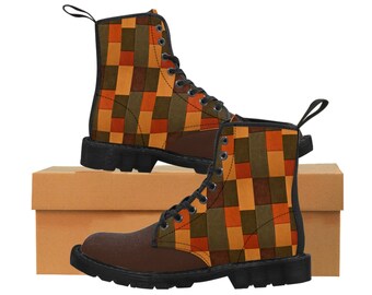 Basket Weave Quilt Print with Dark Chocolate Brown Color Block Women's Canvas Boots- Winter Boots - Work Boots - Casual Boots - Autumn Boots