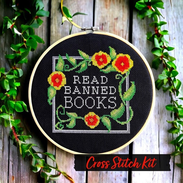 Read Banned Books Cross Stitch Kit, DIY Complete Kit with Black Background,  Unique Gift for Her, Readers, Bookish Friends, Adult Craft Kit