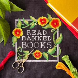 Read Banned Books Cross Stitch Pattern, PDF Digital Download, DIY Instant Download Floral Reading Bookish Pattern on Black Aida