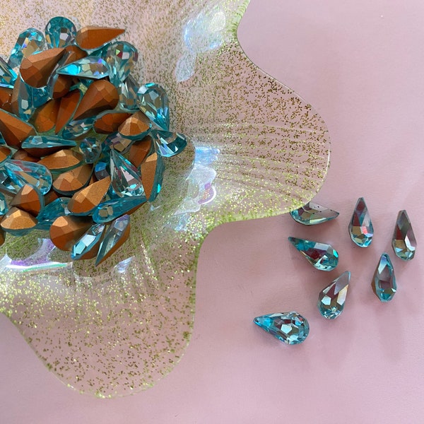 Vintage Teardrop Light Turquoise, Glass Rhinestone Crystals, Gold Foiled, Pointed Back, Pear Light Turquoise Crystal, Jewels, Embellishments