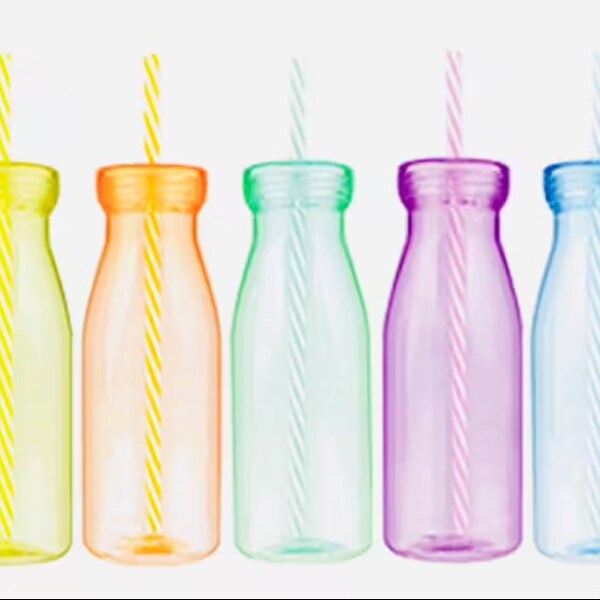 Personalised Kids Plastic Milk Bottle/Coloured with Straw