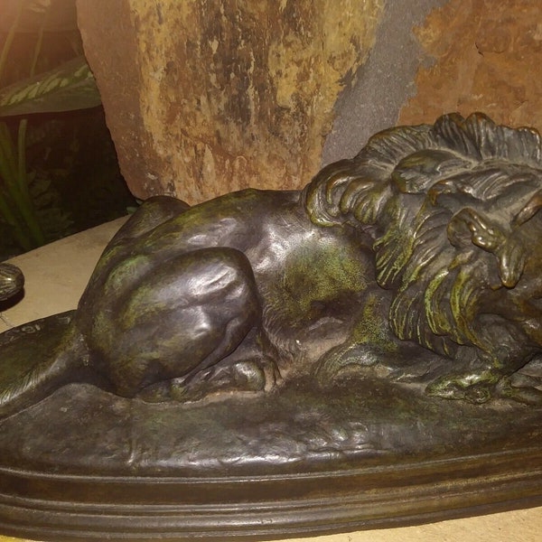 BARYE, Antoine-Louis "Lion Devouring a Hare", 1837 Bronze Sculpture Re-Cast by Excalibur Bronze, NYC 1972. 12X5" MINT