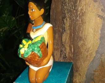Hucha vintage con figura de Pocahontas, cerámica de porcelana Enesco, 1995, con caja.
