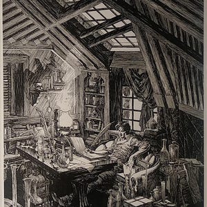 May include: Detailed black and white illustration of a study or laboratory. A person sits at a desk, writing, surrounded by beakers, bottles, and books. The room has a sloped ceiling with skylights and a bookshelf.