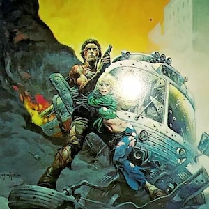 May include: A vintage illustration of a man and a woman in a futuristic setting. The man is holding a gun and the woman is holding onto him. They are standing in front of a large, white, futuristic vehicle. The background is a yellow and orange sky with a city in the distance.