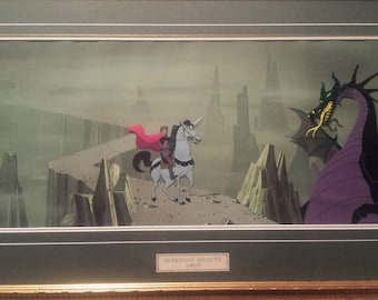 SLEEPING BEAUTY "Phillip Battles Maleficent As Dragon", Disney Studios Pan Eyvind Earle Production Background Setup, 30x12.5", MINT