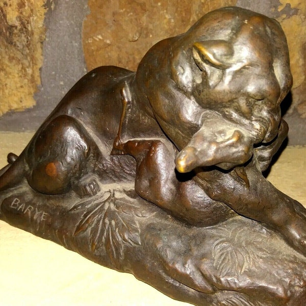 JAGUAR DEVOURING DOE, Antoine-Louis Barye 1970s Excalibur Bronze Re-Cast of 1800s Original Bronze, 9.5x4x5.5", Vintage New, Mint